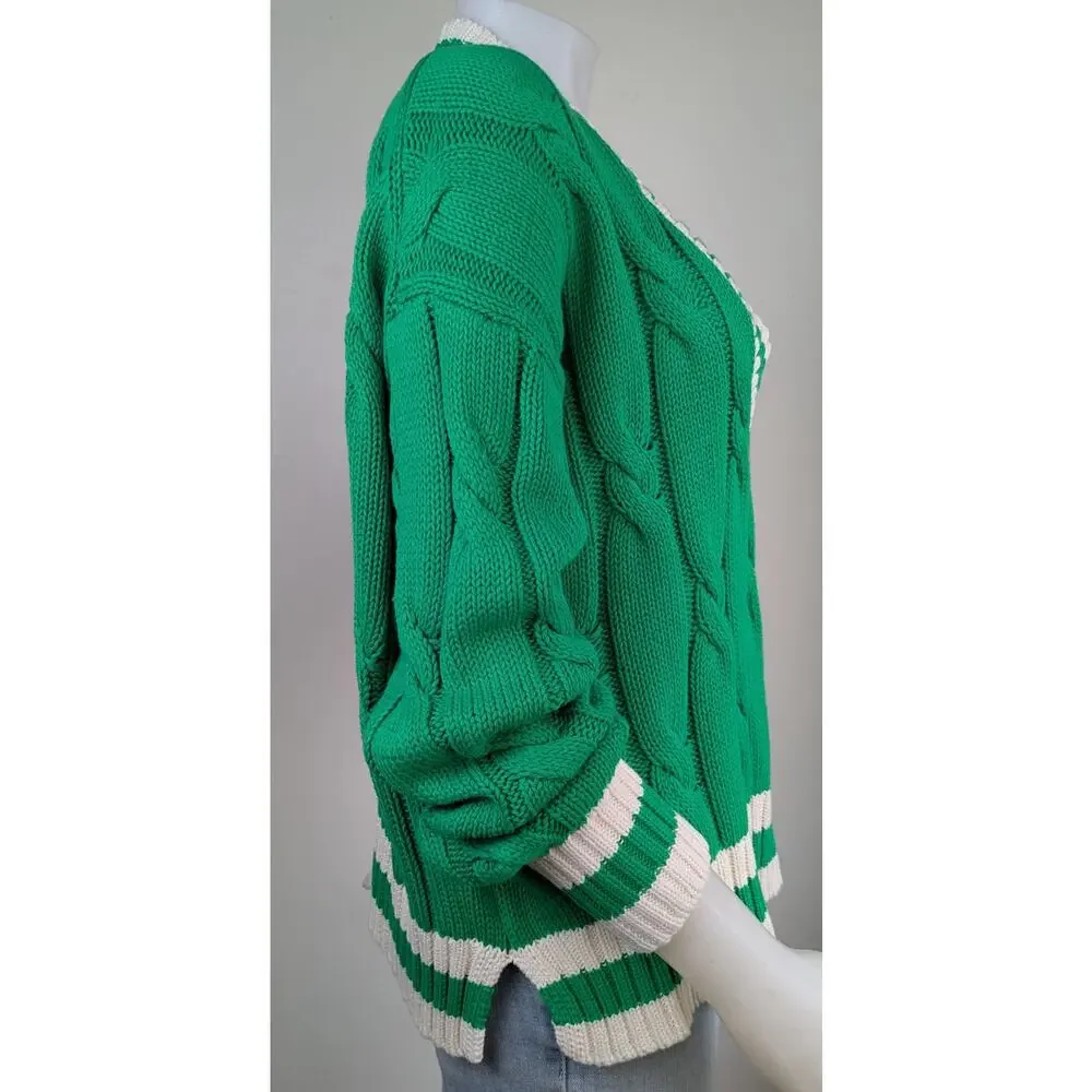 Aerie Cable Knit Sweater Medium Green White Striped V Neck Varsity Oversized